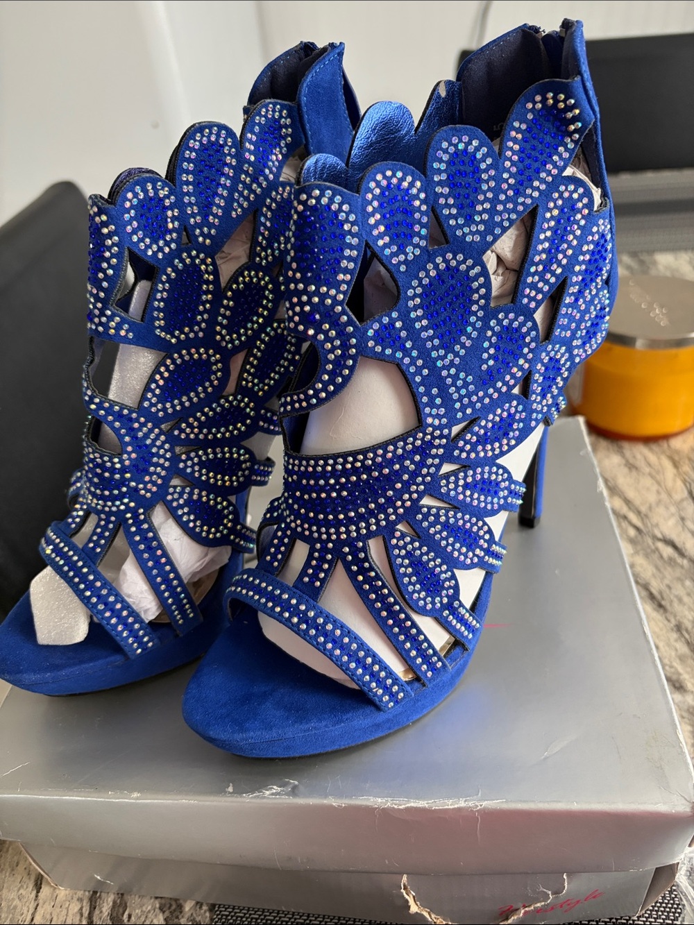 Herstyle Royal Blue Crystal Cutout Stiletto Sandals